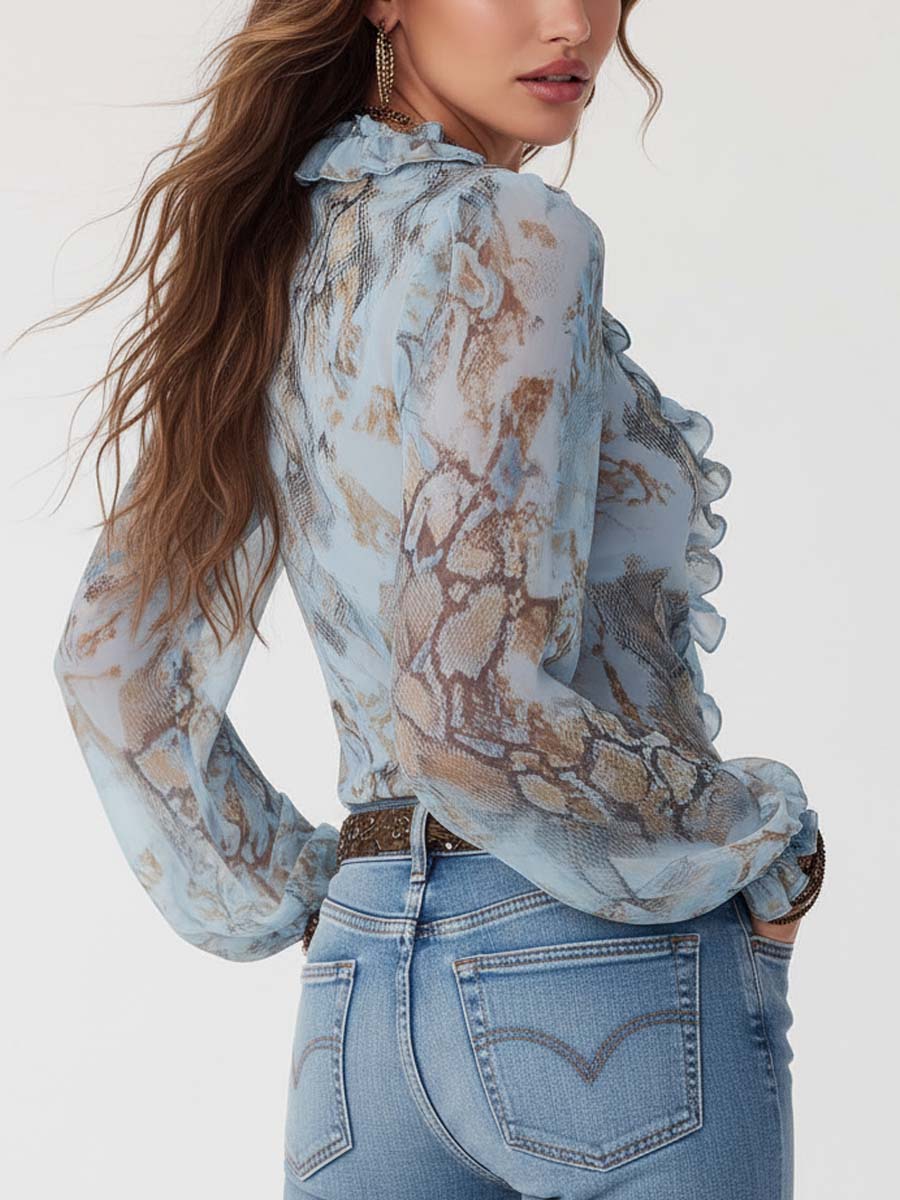 Marina · Blusa Chifón Azul Fruncida