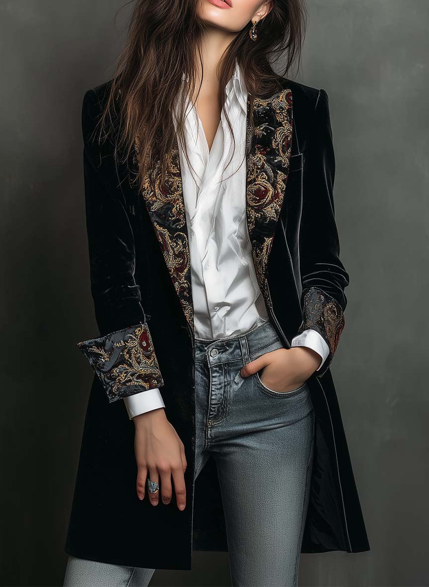Victoria · Blazer largo negro con detalles barrocos