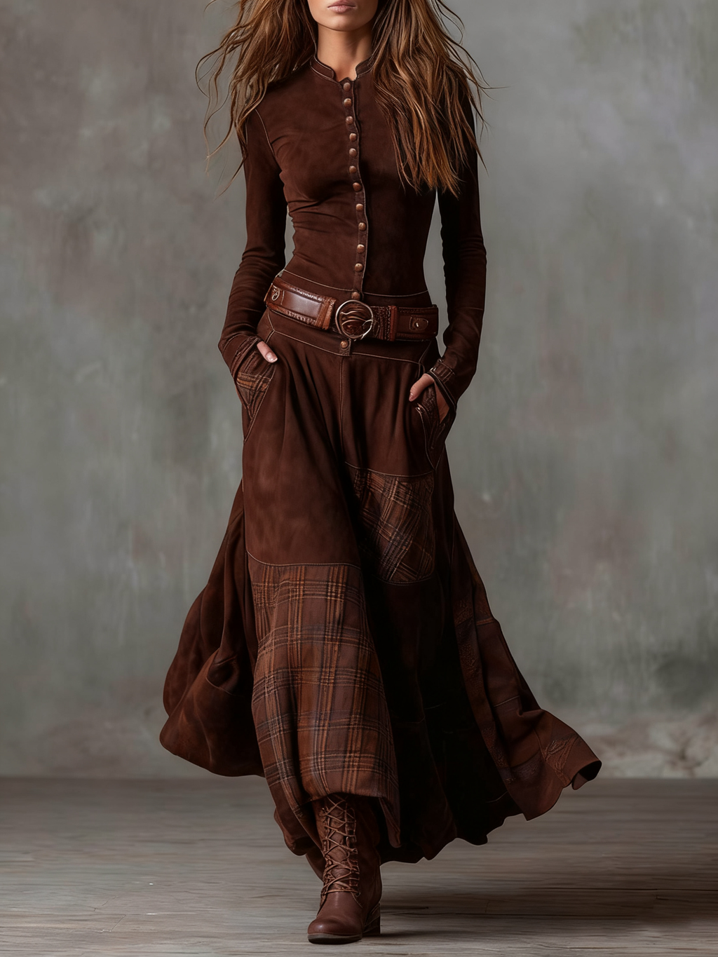 Azucena | Vestido maxi de ante con cinturón